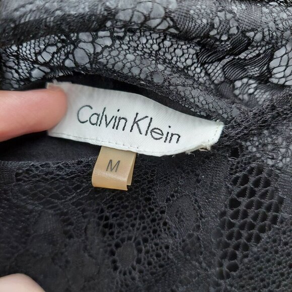 Calvin Klein Womens Black & White Floral Sheer Tie Waist Blouse Top Size M - Picture 2 of 4